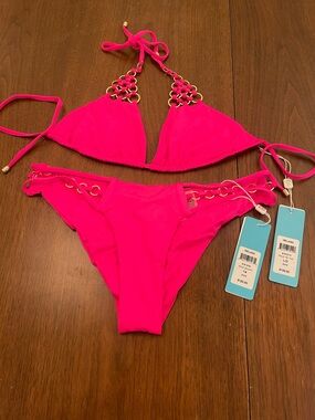 NWT beach bunny Barbie Pink Chain-Accent Triangle Bikini L/XL set